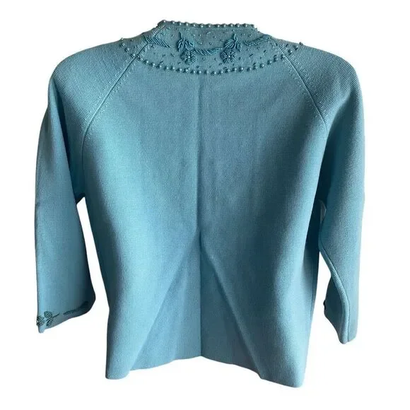 Vintage 1960's Sweater Jacket Women's 14 Wool Turquoise Beaded New Old Stock - Picture 3 of 8